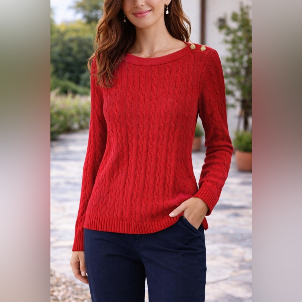 Lauren Ralph Lauren Vibrant Red Cable Knit Sweater XL Preppy Classic Iconic